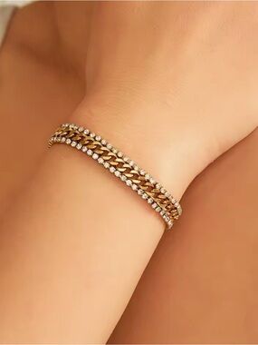 18K Gold Plated Stainless Steel Three Layers Bracelet Shiny Cubic Zirconia